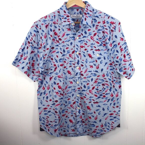 TOMMY BAHAMA Men's Size Novelty Fish Print Cotton Hawaiian Shirt Summer - Picture 1 of 8